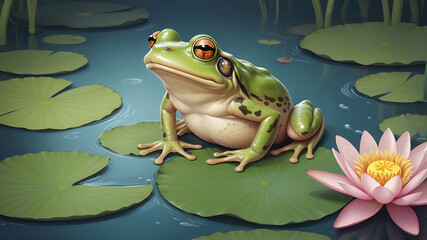 Green frog sitting on a pink water lily pads in a blooming pond, cartoon style with space for text