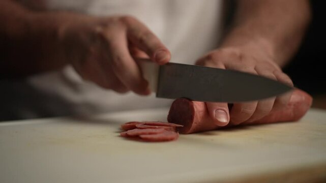 Close-up footage of slicing pepperoni for recipes and pizza toppings