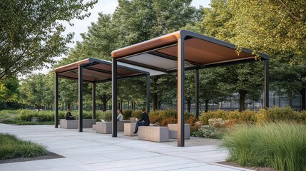 Fototapeta premium Outdoor park seating under shaded structures.