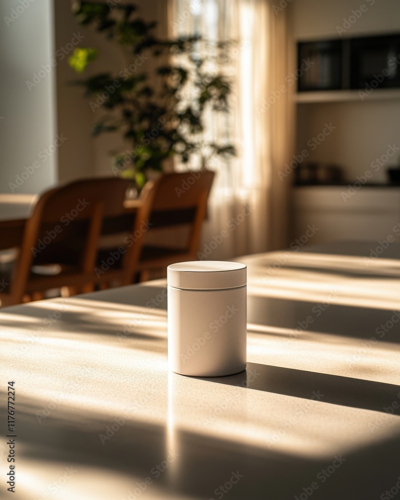 Poster a minimalistic white container sits on a sunlit kitchen table, casting soft shadows and creating a s
