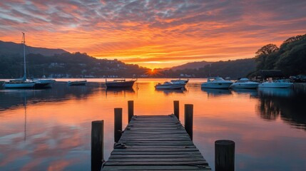 Obraz premium A stunning view of a serene waterfront at sunset. Boats are anchored peacefully as the sky displays beautiful colors. The perfect setting for relaxation and inspiration. Generative AI
