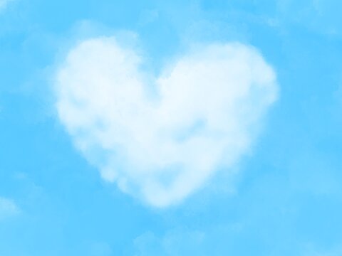 青空にふわふわとしたハート型の雲の背景イラスト