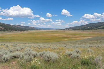 Obraz premium This image captures a picturesque green meadow surrounded by hills under a vibrant blue sky dotted with white clouds, evoking a sense of peace and timeless beauty.