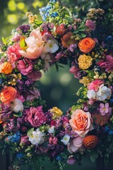 A vibrant floral wreath showcasing an array of colorful flowers, creating a cheerful and inviting atmosphere.