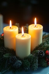 Three warm, glowing candles surrounded by evergreen and festive decorations.