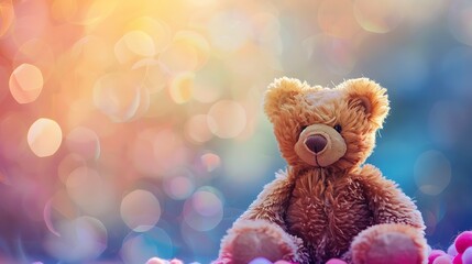 Fototapeta premium Small teddy bear isolated on colorful and bright background