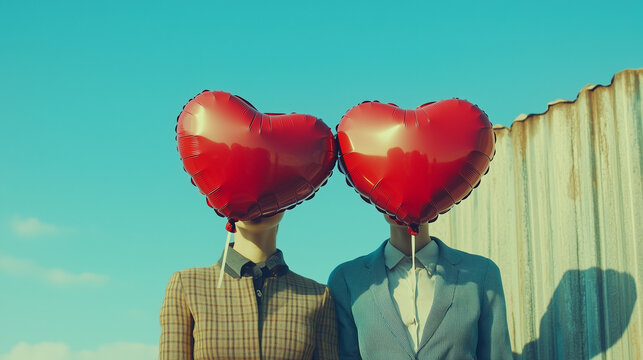 Two people in love with deflating heart shaped balloons as heads