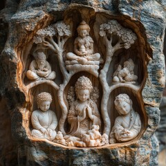 Fototapeta premium Intricate stone carving, multiple Buddha figures, tree motif.