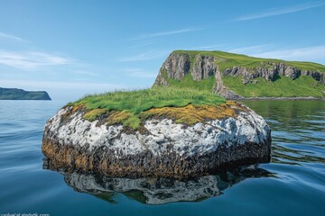 A stunning rocky island featuring vibrant green grass surrounded by serene waters, showcasing nature's beauty and tranquil atmosphere for a calming experience.