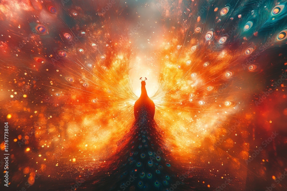 Poster a striking and colorful abstract depiction of a peacock, showcasing its vibrant feathers in a mesmer