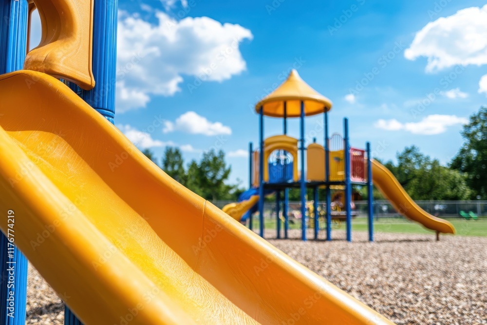 Poster community-driven inclusive playground initiative local park image of play equipment sunny day close-