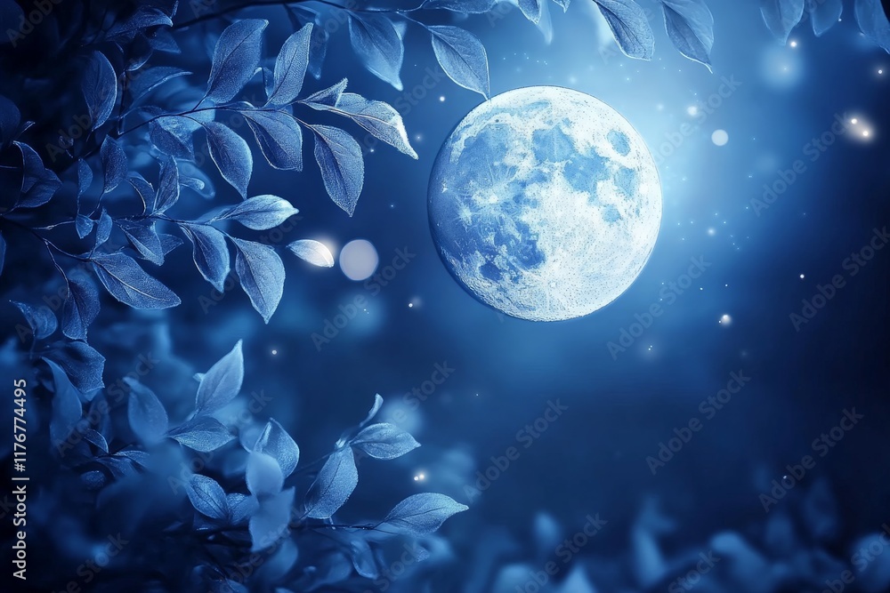 Fototapete a captivating view of a full moon casting its luminous light through a leafy canopy, creating a magi