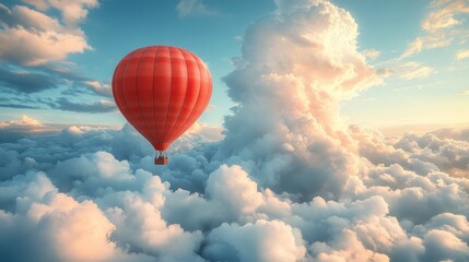 Fototapeta premium Red hot air balloon soaring above fluffy clouds at sunset.