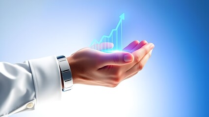 A businessman&rsquo;s hand holding a glowing 3D holographic graph, symbolizing growth and success, isolated on white.
