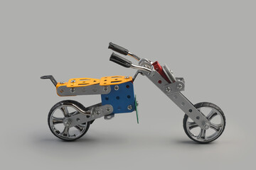 Toy bike assembled with metal pieces 