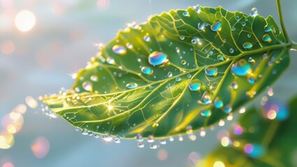 tiny dew drops reflecting a colorful rainbow, perched on a green leaf, sunlight enhancing the prismatic colors, intricate details of the droplets, soft blurred bokeh background,