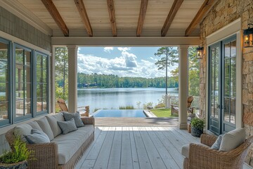 Fototapeta premium Front porch with open door to bathroom and scenic view of Lake Oconee, white wooden floor, light blue cabinets, stone wall, and pine beams. Relaxing home exterior.