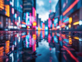 Obraz premium Vibrant cityscape reflections illuminated by neon lights after rain in an urban setting during twilight hours
