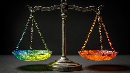 A vintage balance scale with colorful bowls, symbolizing fairness and equality.