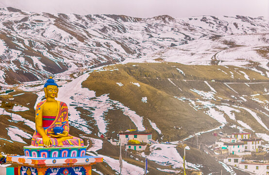 Buddha statue situated at a serene Himalayan langza village