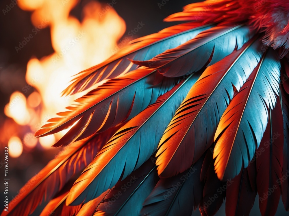 Poster vibrant feathers glow against a backdrop of flickering flames in a striking display of color and tex