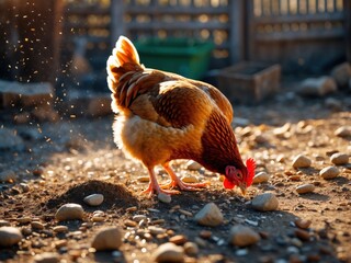 Colorful chicken scratching in a sunny backyard surrounded by stones and rustic fence during late afternoon hours