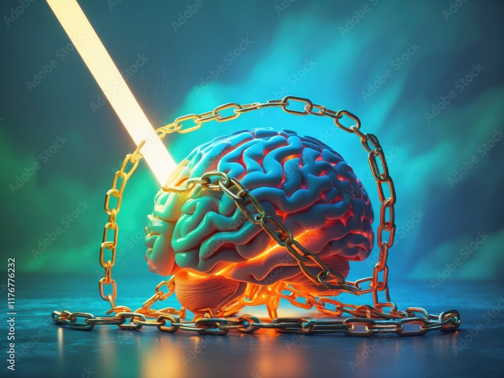 Poster surreal depiction of a vibrant brain chained with glowing elements under dynamic light conditions. b
