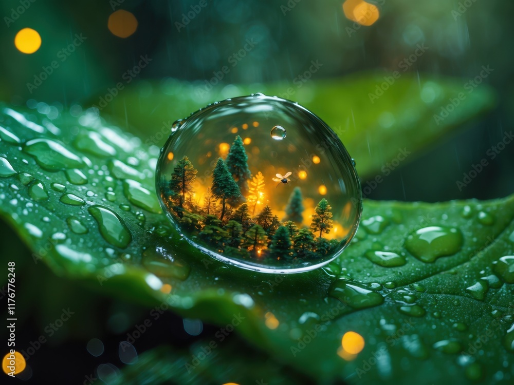 Poster closeup view of a water droplet reflecting a serene forest scene on a leaf with soft bokeh lighting 