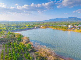 Obraz premium Aerial view of Bien Ho Che or Bien Ho tea fields, outside Pleiku city, Gia Lai province, Vietnam. Nature landscape, mountain and foggy far away.