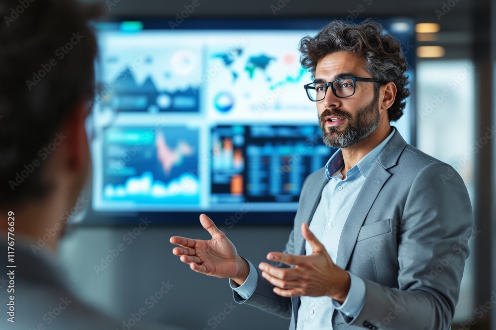 Poster businessman explaining data insights, wearing a suit in a professional setting, standing in front of