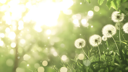 Fototapeta premium Beautiful spring background with dandelions and bokeh lights, green background, light and blurred background in sunny day.