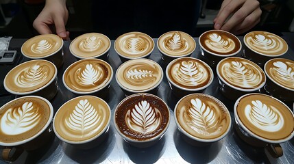 A row of coffee cups with white and brown designs on them