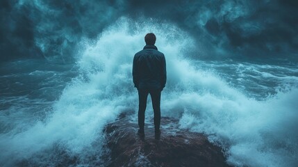 Fototapeta premium Man facing stormy ocean waves, coastal rock, dramatic sky, adversity concept, website banner