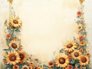 Sunflower watercolor vintage border background with blank copy space in the middle, retro card design, suitable for invitation or greeting card
