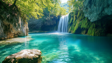 Naklejka premium A waterfall flows into a clear turquoise pool surrounded by mossy rocks and green trees