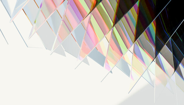 3d rendering of multi colored lights reflected on glass against white background