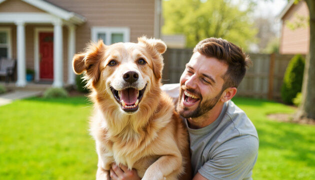 Energetic golden retriever jumping with smiling man in backyard, joy of play - Powered by Adobe