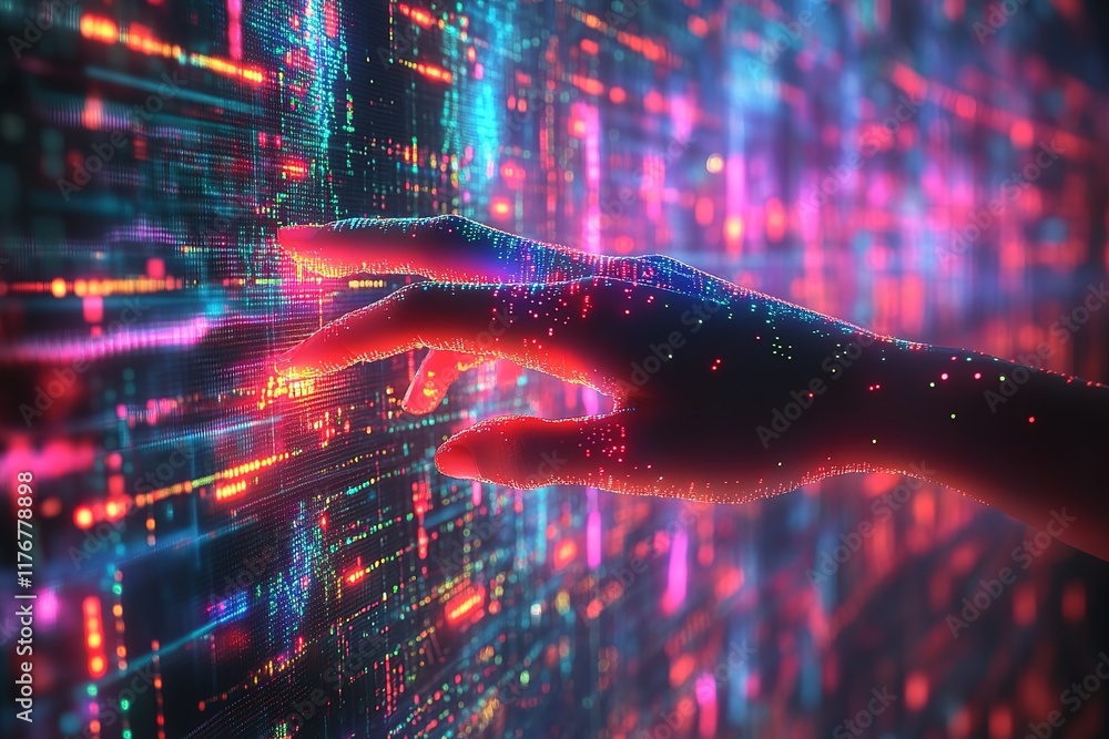 Poster a dynamic abstract technology background depicts a hand touching a screen, with a multitude of digit
