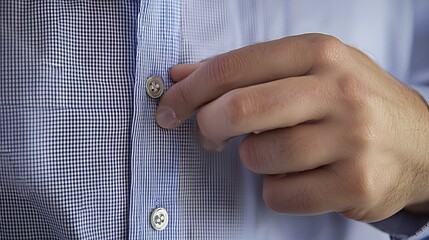 A man is buttoning up his shirt