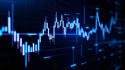 Dynamic Bitcoin Stock Market Chart with Blue Neon Candlesticks