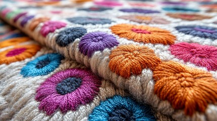 Close-up of colorful embroidered flowers on textured fabric.