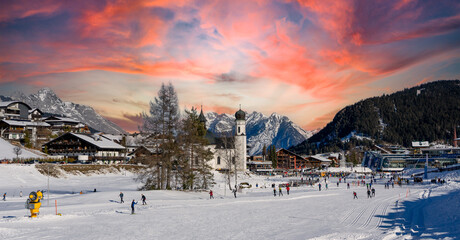 panorama winter sport ski resort in the austria tyrol mountains in seefeld at sunset