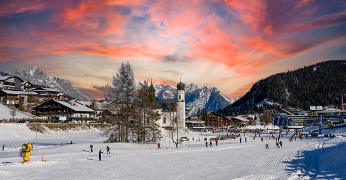 panorama winter sport ski resort in the austria tyrol mountains in seefeld at sunset