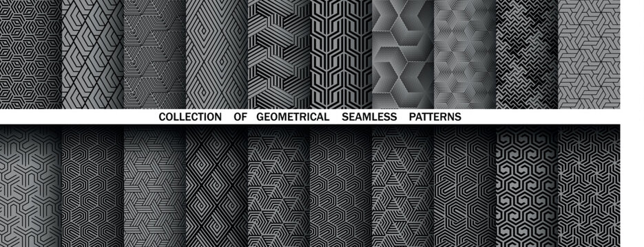 Geometric set of seamless black and gray patterns. Simple vector graphics