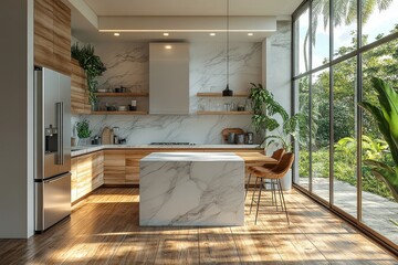 Obraz premium 3D rendering of minimalist white and wood kitchen with marble countertop, refrigerator on left, and bar table with two chairs in center, modern home design.