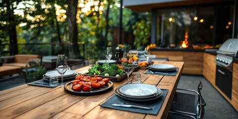 An outdoor kitchen with fresh vegetables being grilled, a dining table set for a family gathering