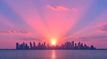 Fototapeta premium Pink Cityscape Sunset Illustration