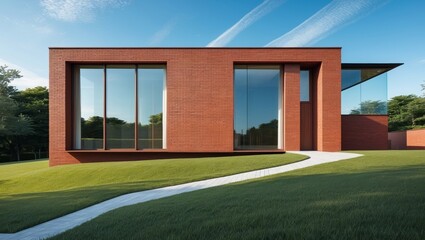 Modern Red Brick House with Large Windows in Green Landscape Under Clear Blue Sky