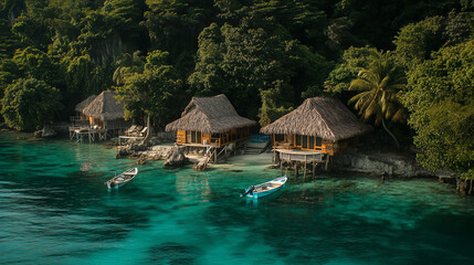 Three thatched-roof bungalows stand on stilts along a tropical shore