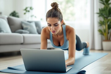 Woman in sportswear performing a plank on a yoga mat while using a laptop in a cozy, plant-decorated living room, representing home fitness. Ai generative